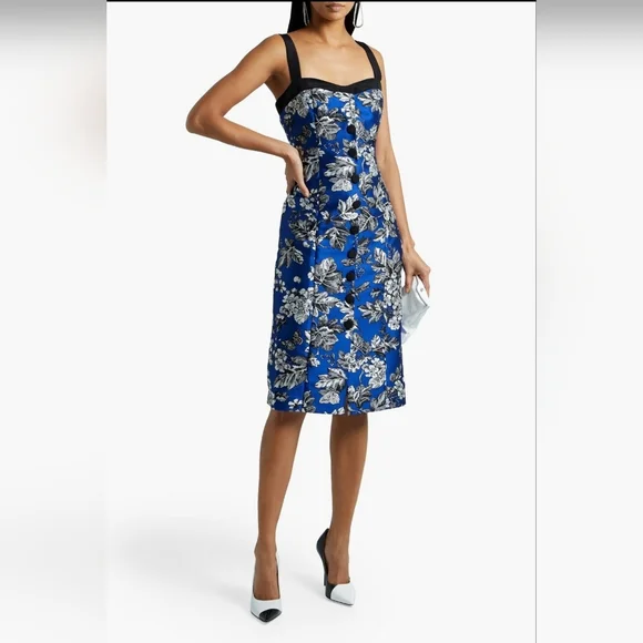 NWT CAROLINA HERRERA Resort 2021 Floral Jacquard Midi Dress - Cobalt Blue Size 8 - Picture 2 of 16